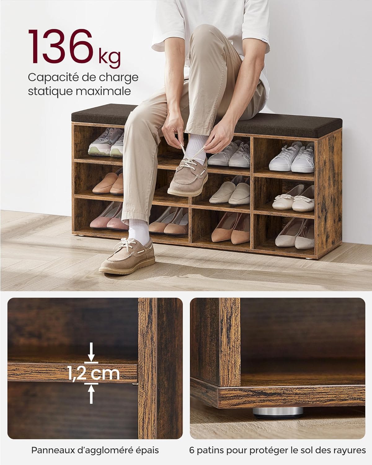 Banc à Chaussures 12 Paires Rustique - détail poids supporté