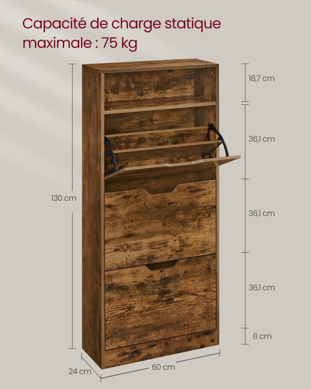 Meuble à Chaussures Entrée 130cm Rustique dimensions