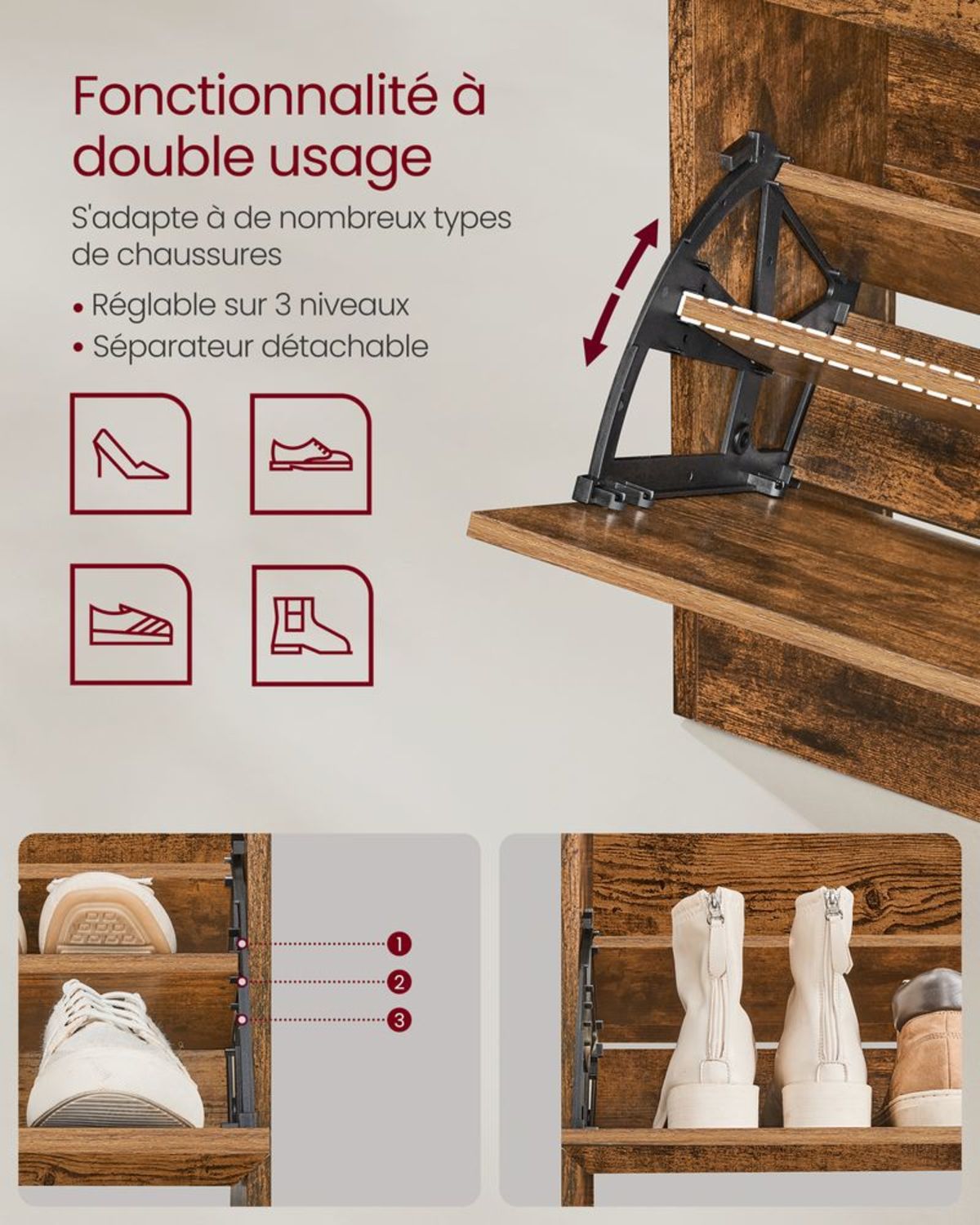 Meuble à Chaussures Entrée 130cm Rustique détail de l'abattant", "Meuble à Chaussures Entrée 130cm Rustique finition chêne texturée