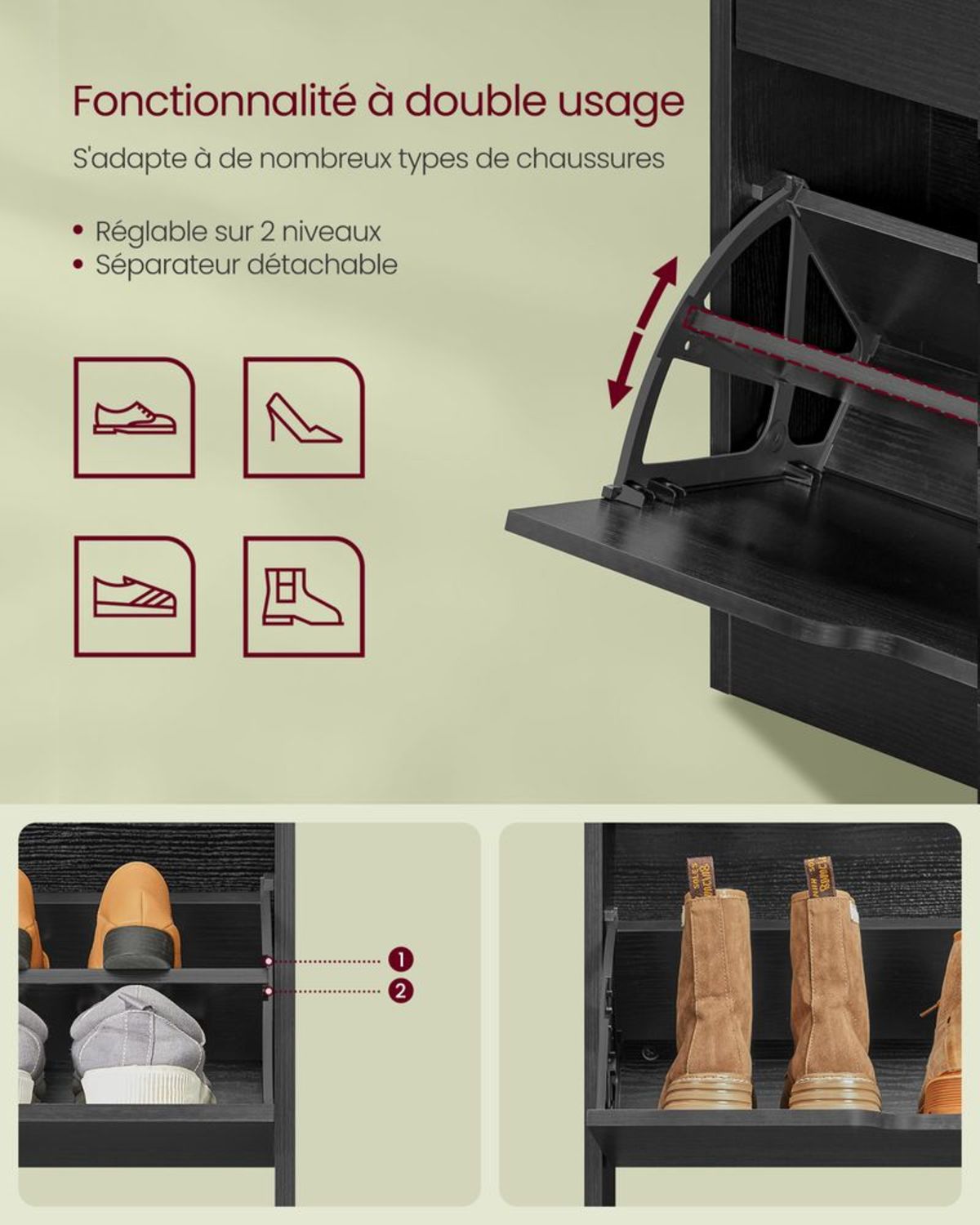 Meuble à Chaussures Entrée 130cm Noir détail de l'abattant", "Meuble à Chaussures Entrée 130cm Noir finition chêne texturée