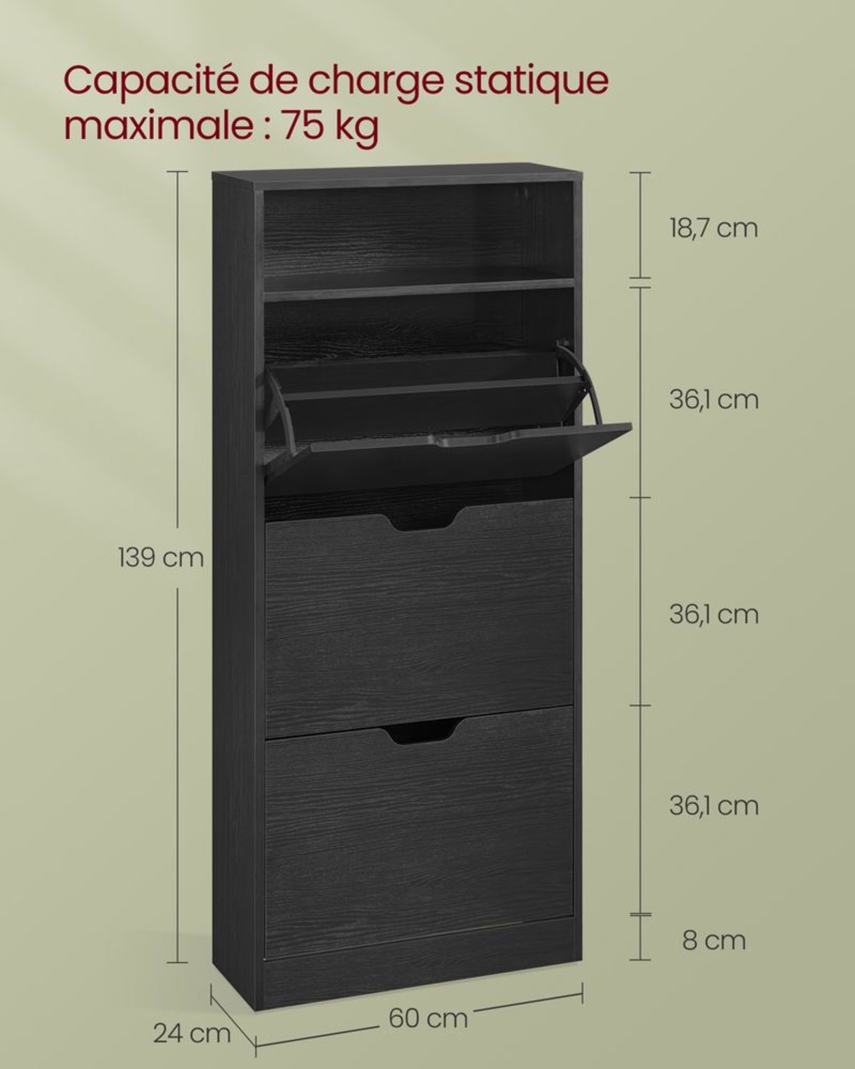 Meuble à Chaussures Entrée 130cm Noir dimensions