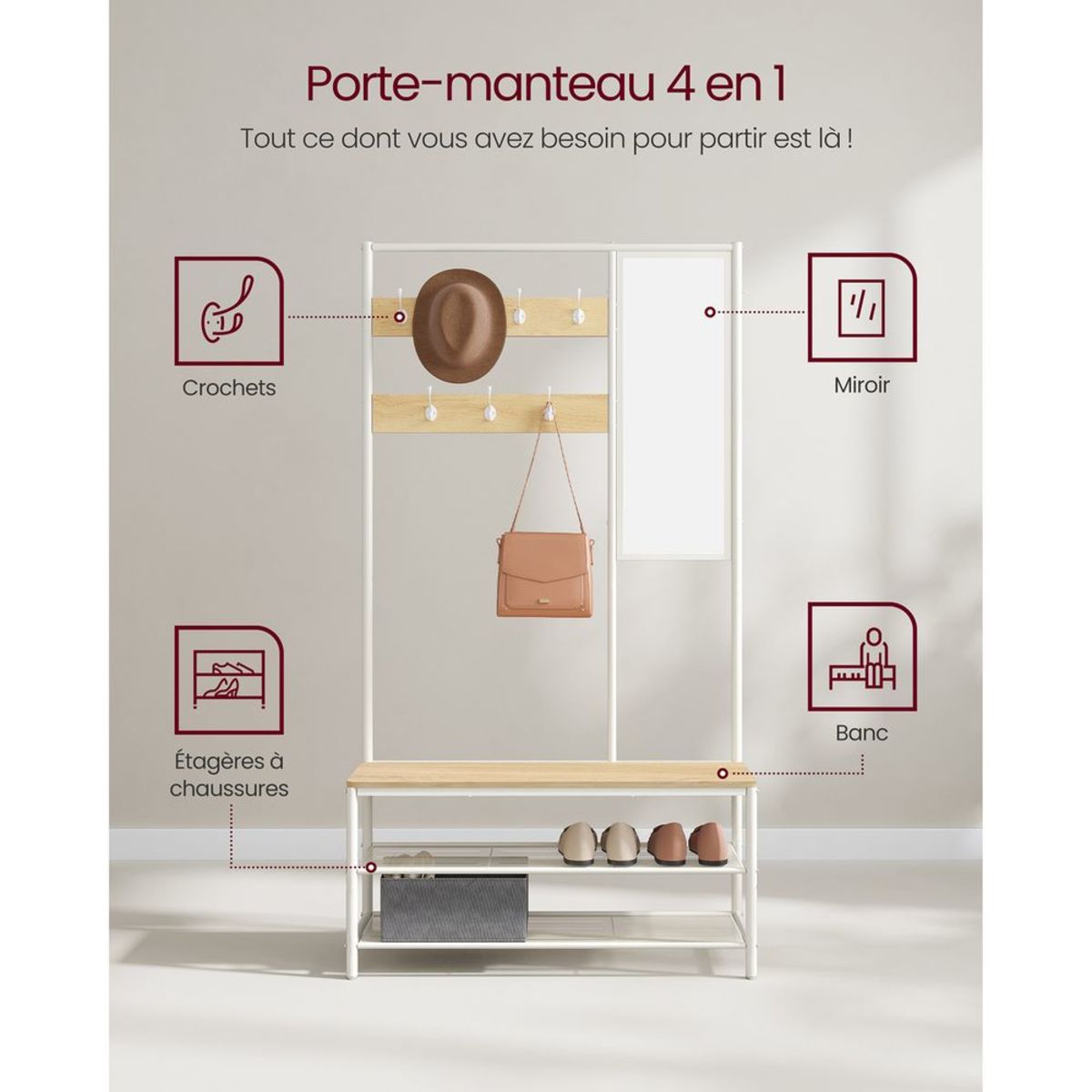 Porte-Manteaux à Chaussures Miroir Blanc 4 en 1