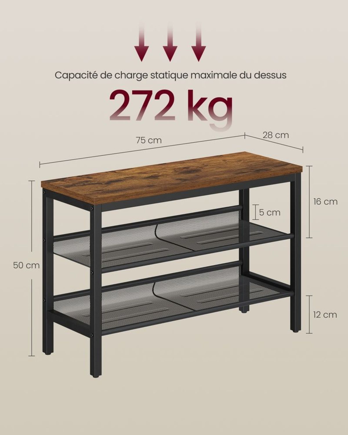 Banc à Chaussures 2 Étagères Industriel Rustique