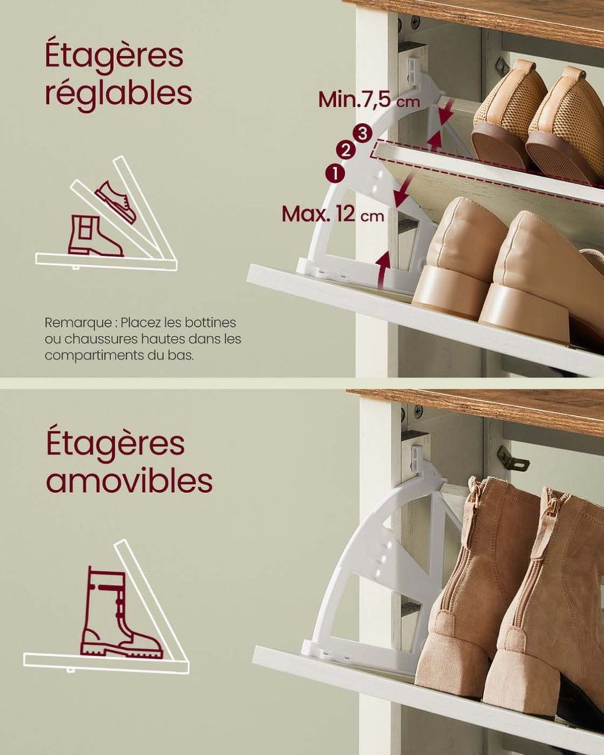 Meuble à Chaussures Basculant Style Campagne Blanc
