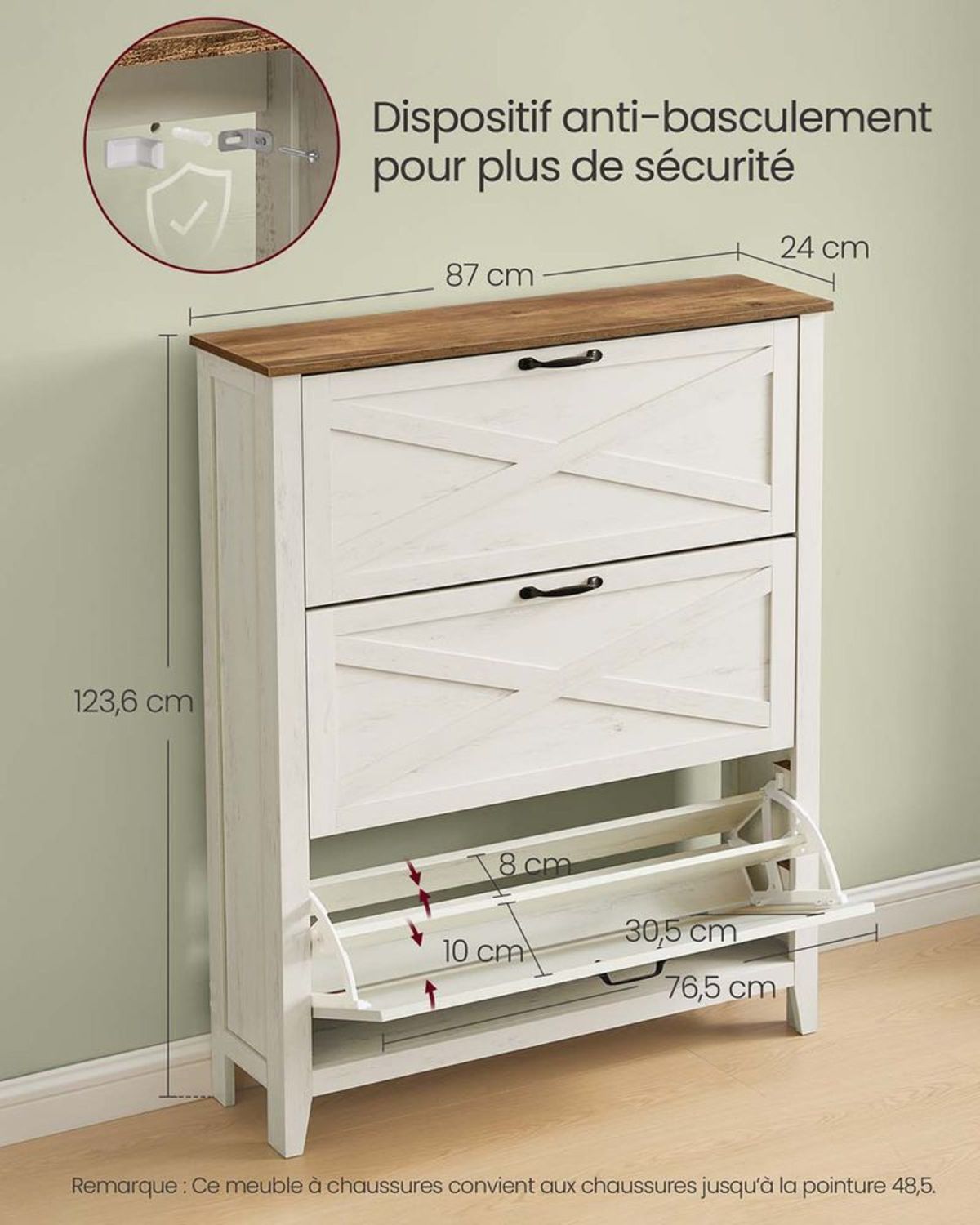 Meuble à Chaussures Basculant Style Campagne Blanc
