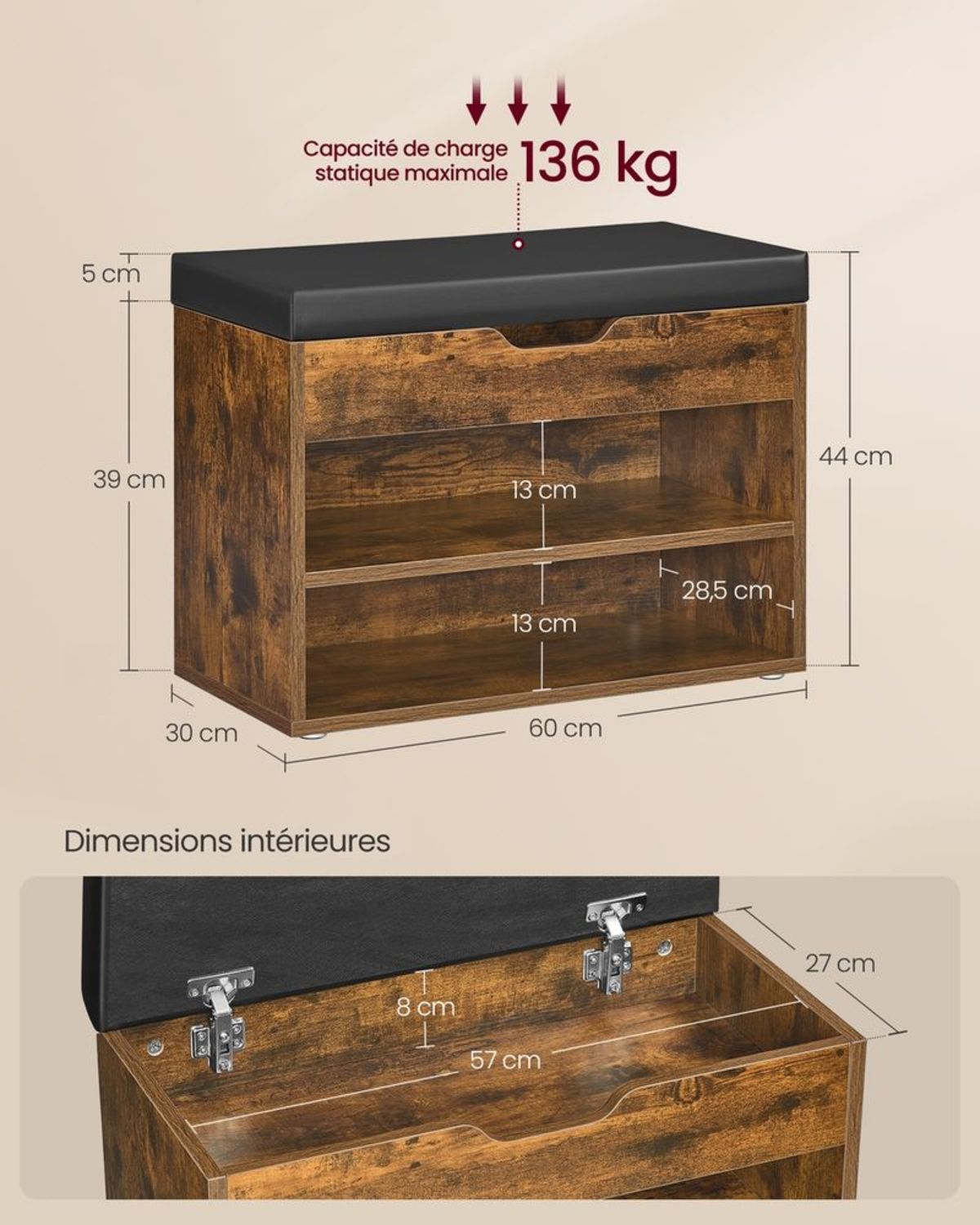 Banc à Chaussures Entrée Coffre Rustique