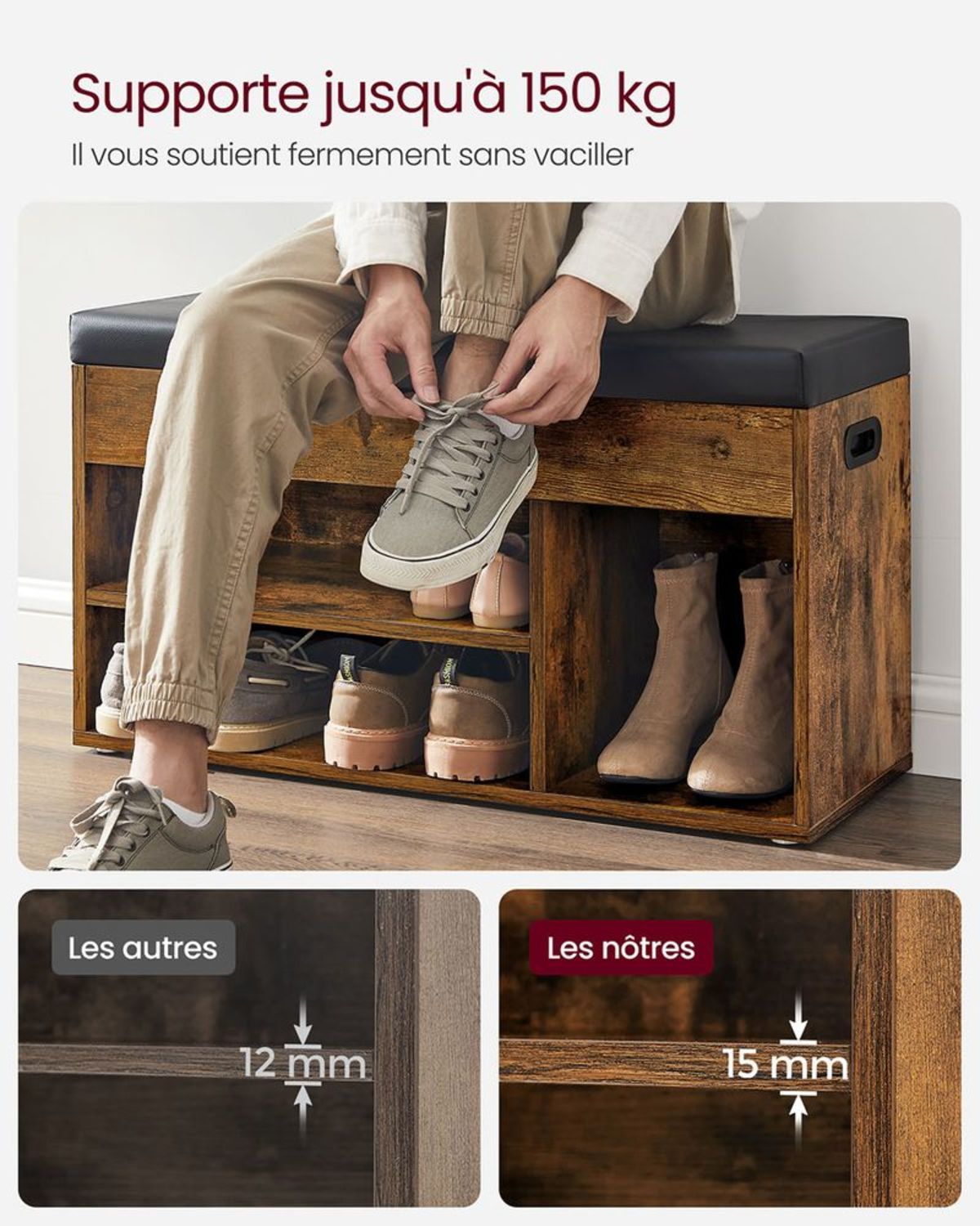 Banc à Chaussures Rembourré Rustique 80 cm