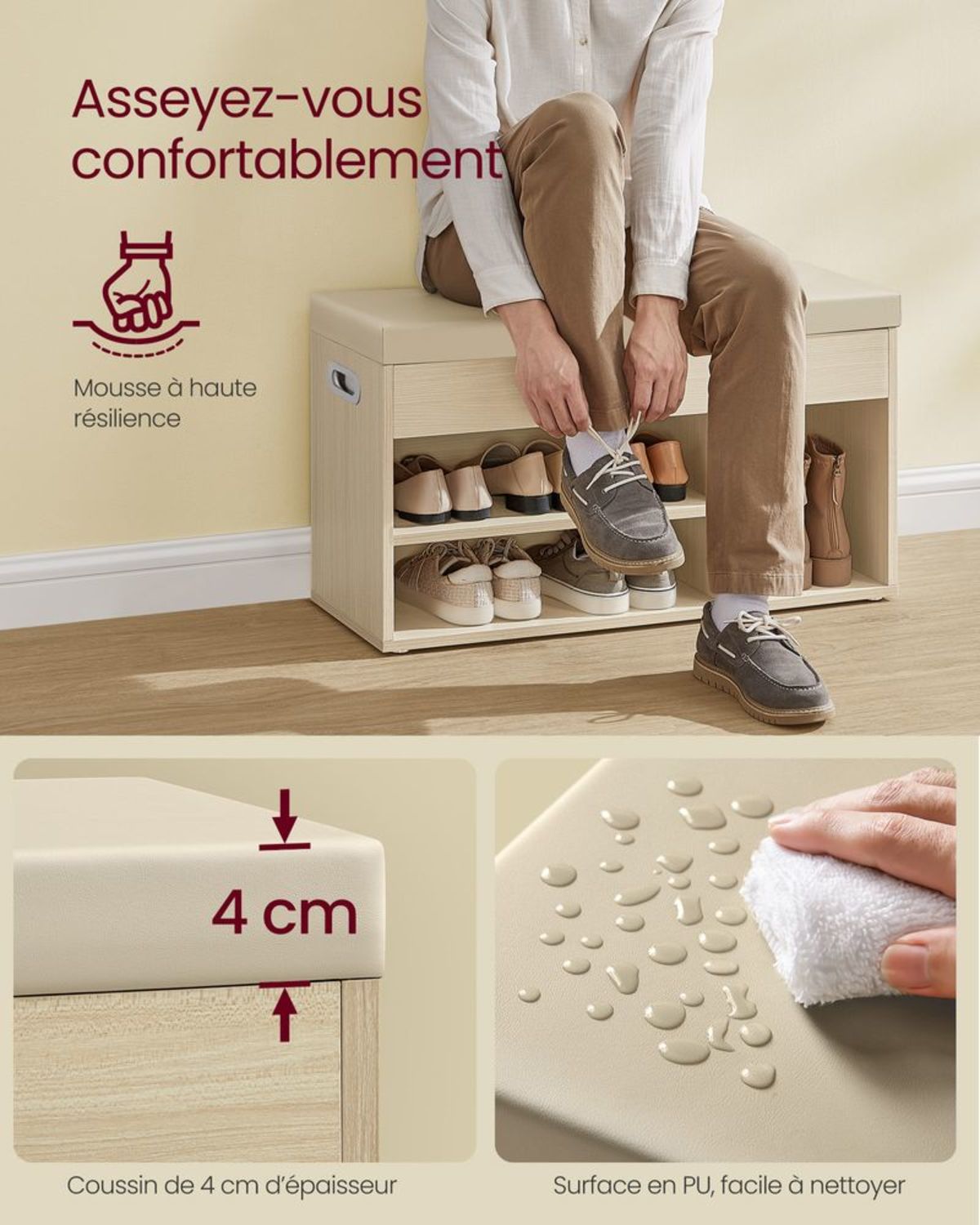 Banc à Chaussures Rembourré Beige 80 cm
