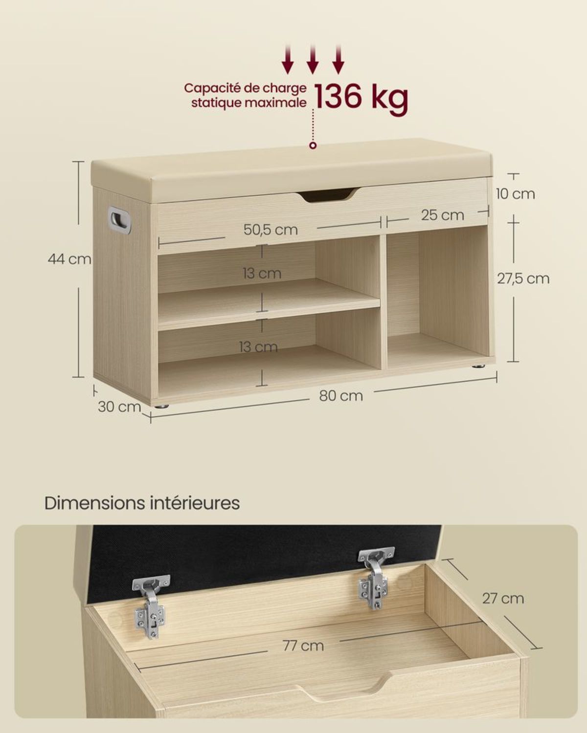 Banc à Chaussures Rembourré Beige 80 cm