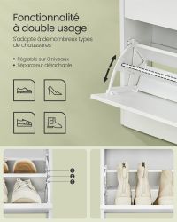 Meuble à Chaussures Entrée 130cm Blanc détail de l'abattant", "Meuble à Chaussures Entrée 130cm Blanc finition chêne texturée