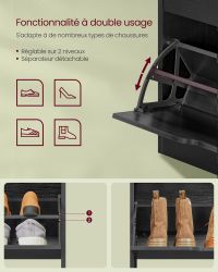 Meuble à Chaussures Entrée 130cm Noir détail de l'abattant", "Meuble à Chaussures Entrée 130cm Noir finition chêne texturée