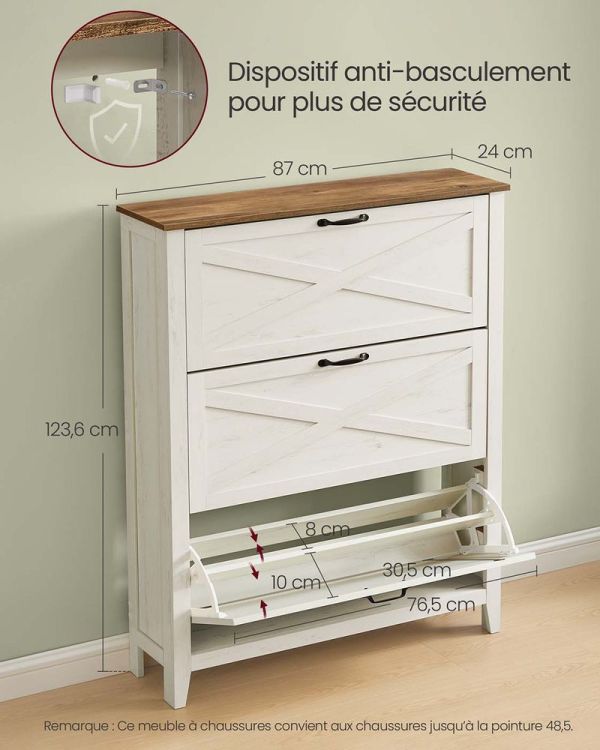 Meuble à Chaussures Basculant Style Campagne Blanc