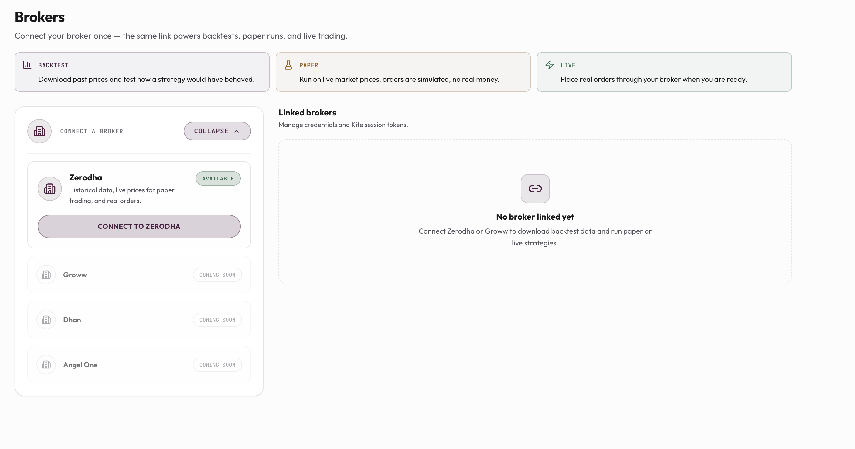 HFTSignal's Brokers page, showing the Backtest/Paper/Live legend, the Connect a Broker panel with Zerodha available, and an empty Linked Brokers panel reading "No broker linked yet"