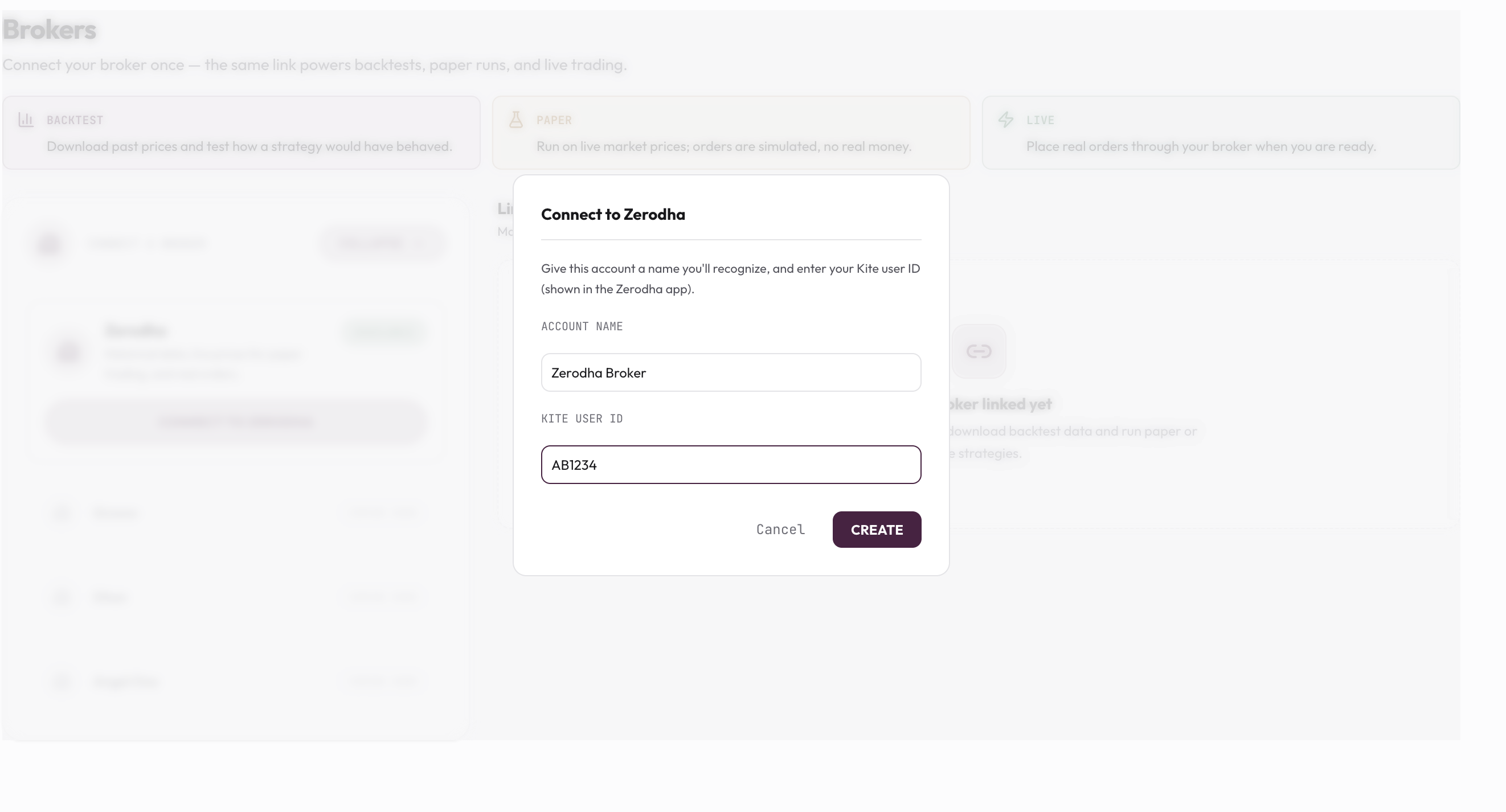 HFTSignal's Connect to Zerodha dialog, with Account Name and Kite User ID fields