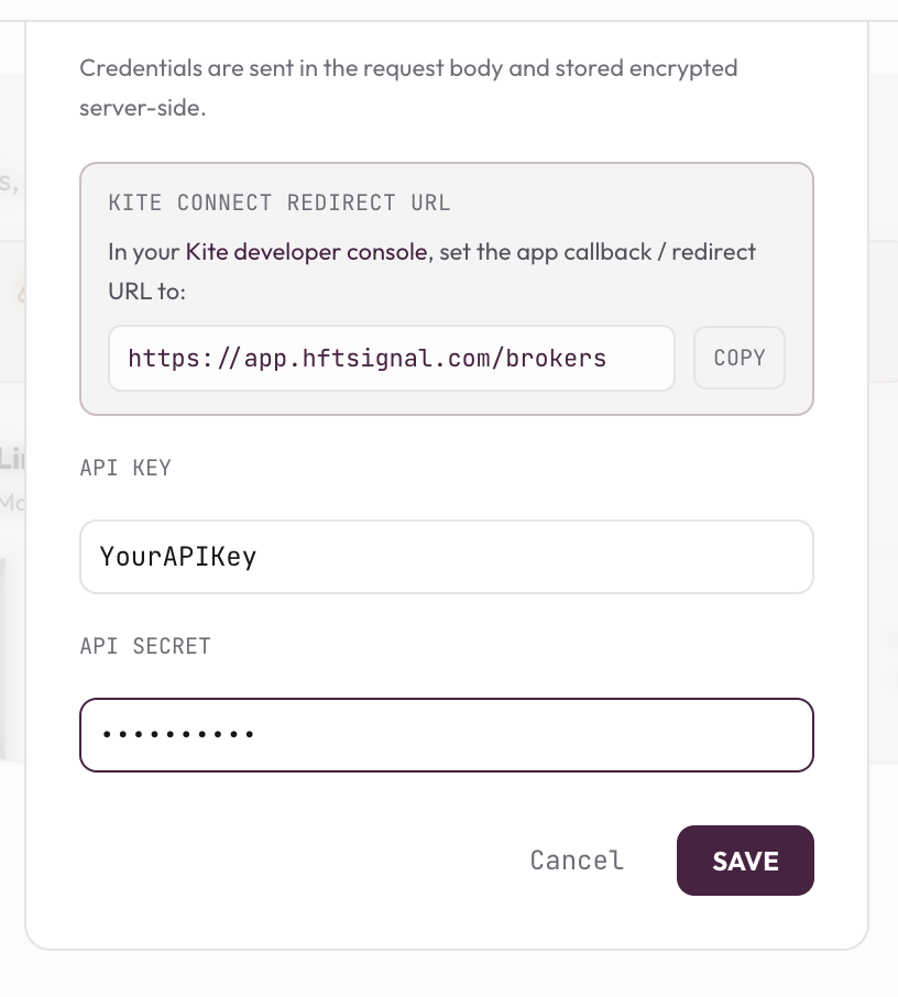 HFTSignal's Set Up API Keys screen, showing the Kite Connect Redirect URL to copy into Zerodha's developer console, plus API Key and API Secret fields