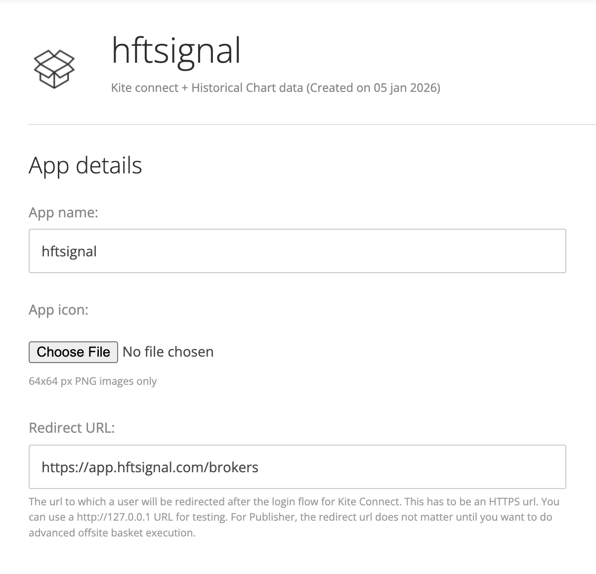 Zerodha's Kite Connect developer console, showing an app named "hftsignal" with its Redirect URL field set to https://app.hftsignal.com/brokers