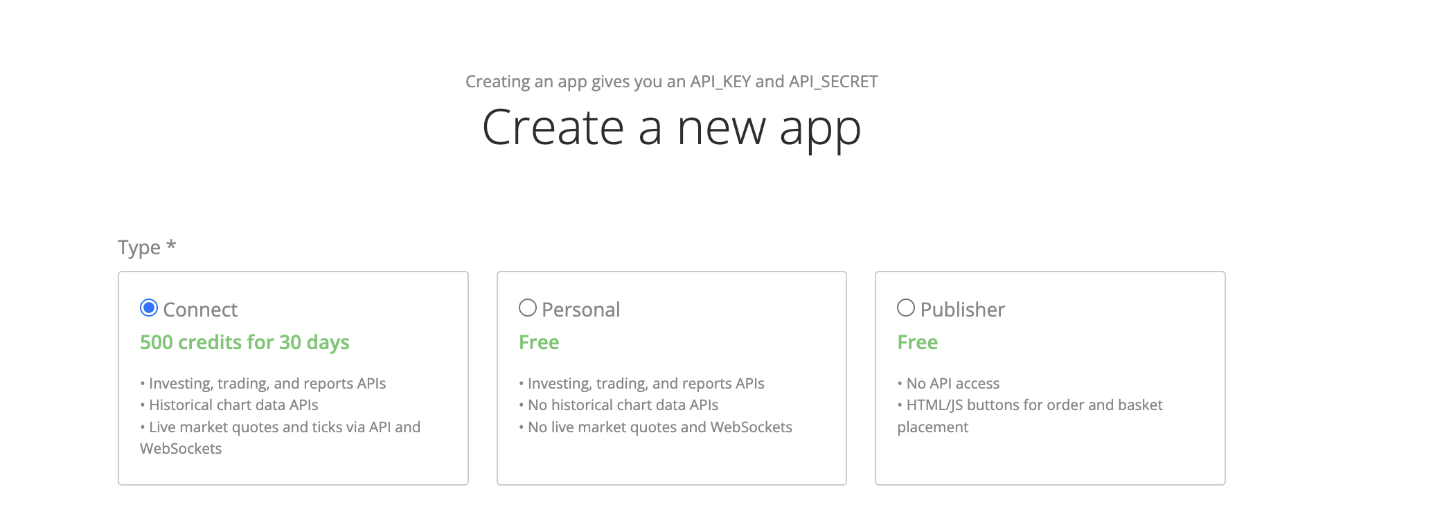 Zerodha's Kite Connect developer console, showing the Create new app form