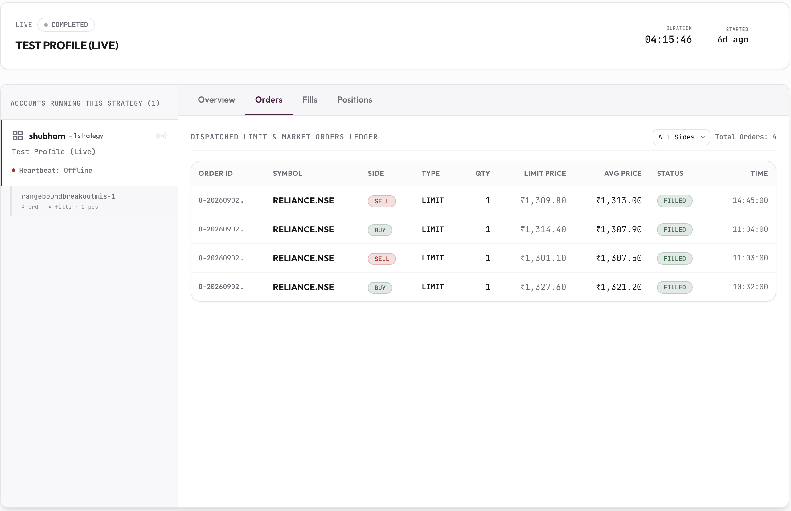 HFTSignal's run Orders tab, listing dispatched limit and market orders with symbol, side, type, quantity, price, and fill status