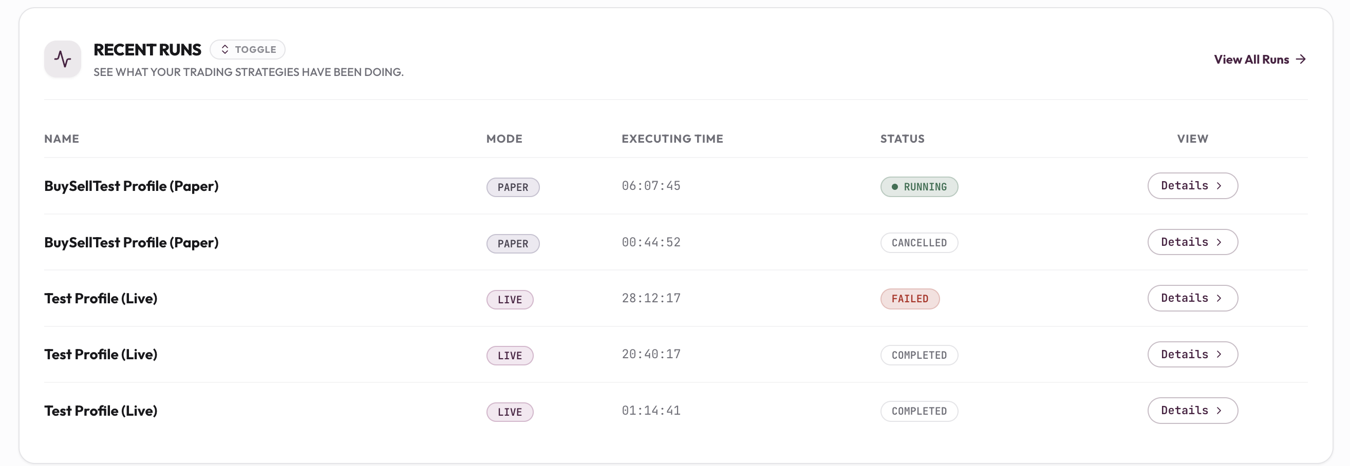 HFTSignal's Recent Runs widget, listing runs with their mode (Paper or Live), executing time, and status (Running, Cancelled, Failed, or Completed)