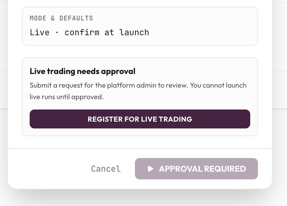 HFTSignal's Launch Setup dialog in Live mode before approval, showing "Live trading needs approval" with a Register for Live Trading button and a disabled Launch button