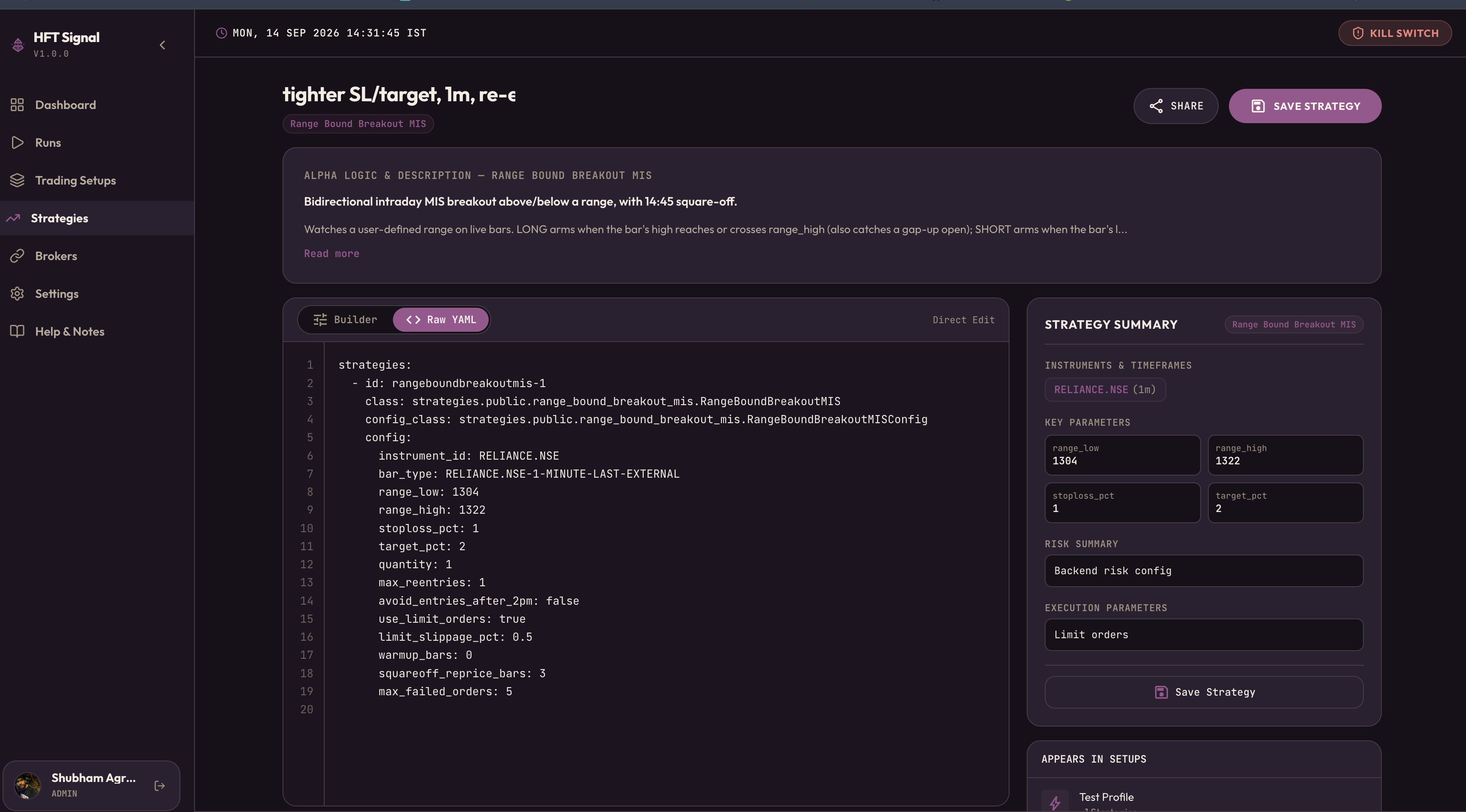 Pasting a shared strategy's YAML config into HFTSignal's Strategy Builder