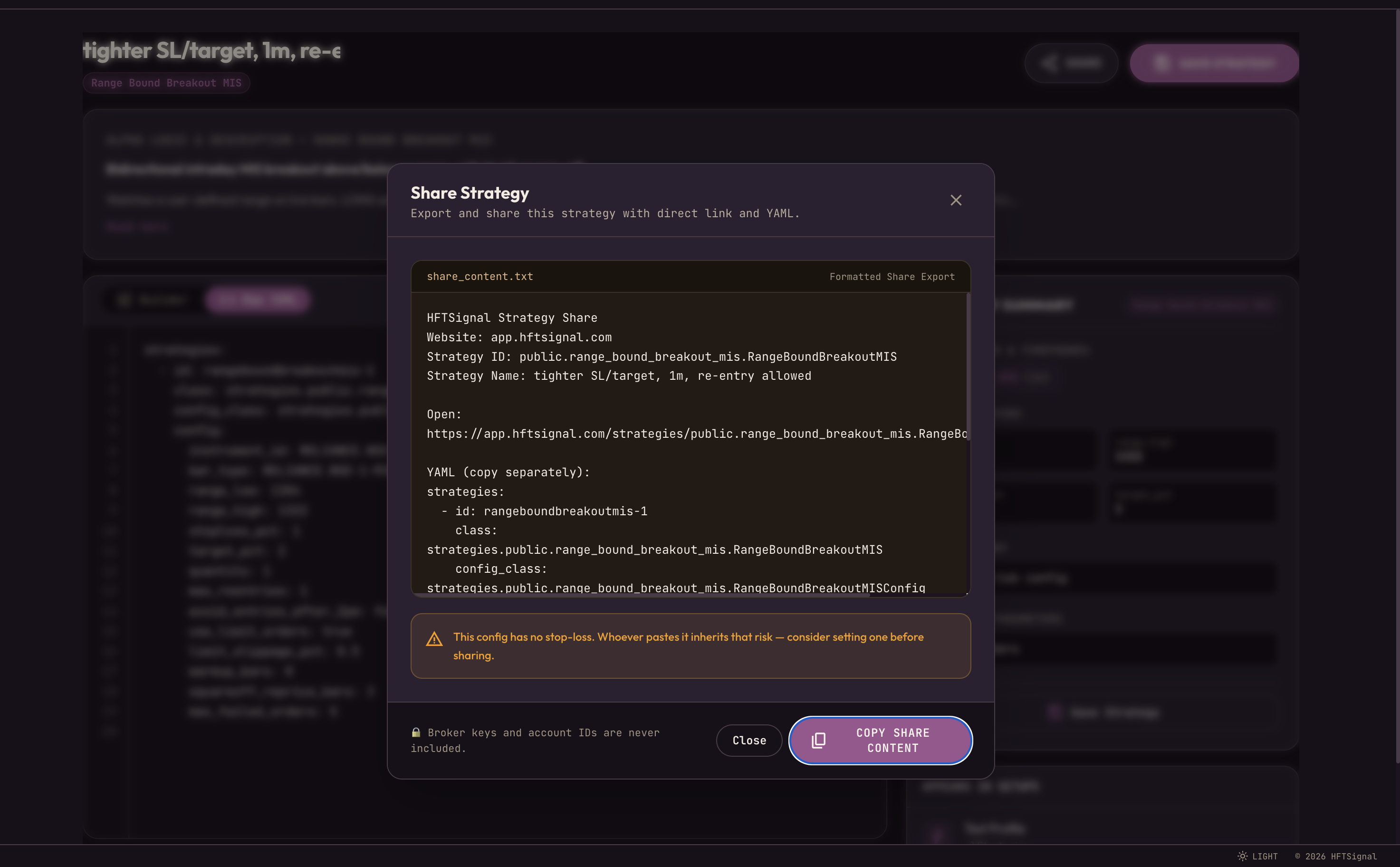 HFTSignal's Share Strategy export showing the YAML config and a stop-loss warning