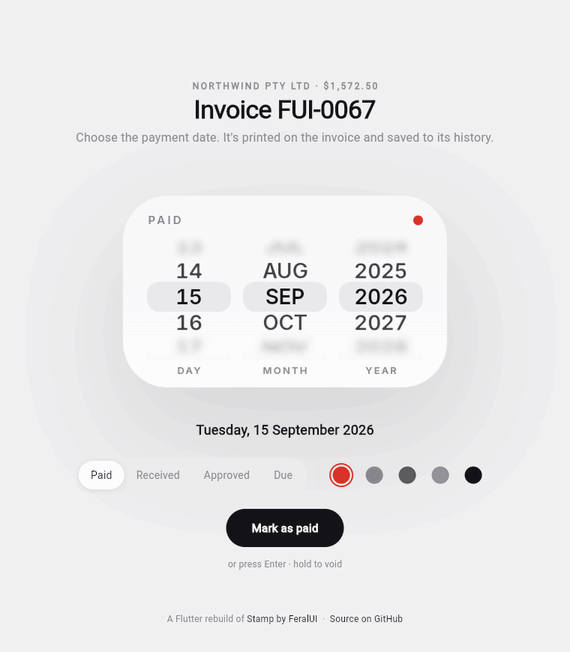 The full press: the picker tips into a 3D stamp over the invoice, drops, prints PAID 15 SEP 2026 in red, lifts away, and a toast offers Undo or Done