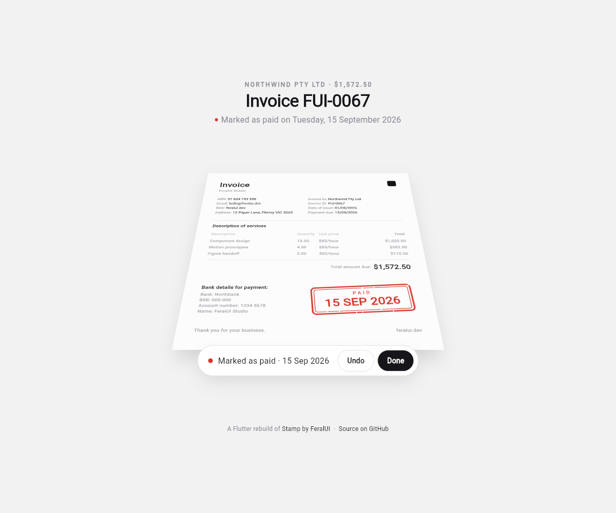 The stamped invoice with the toast offering Undo and Done