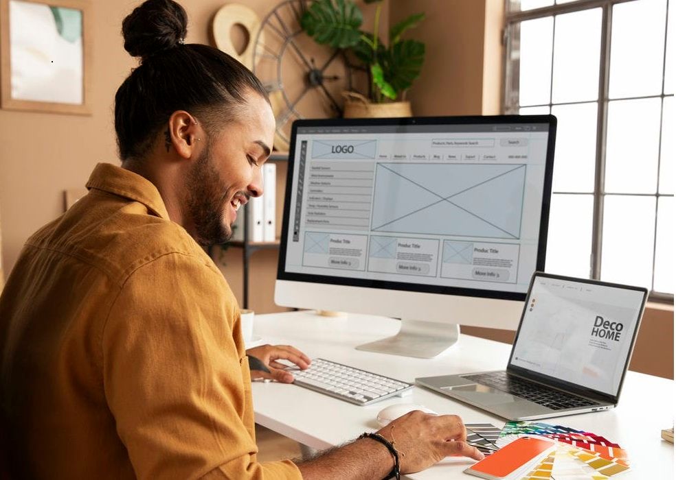 A graphic designer works on logo designs at a multi-screen setup in a modern office.