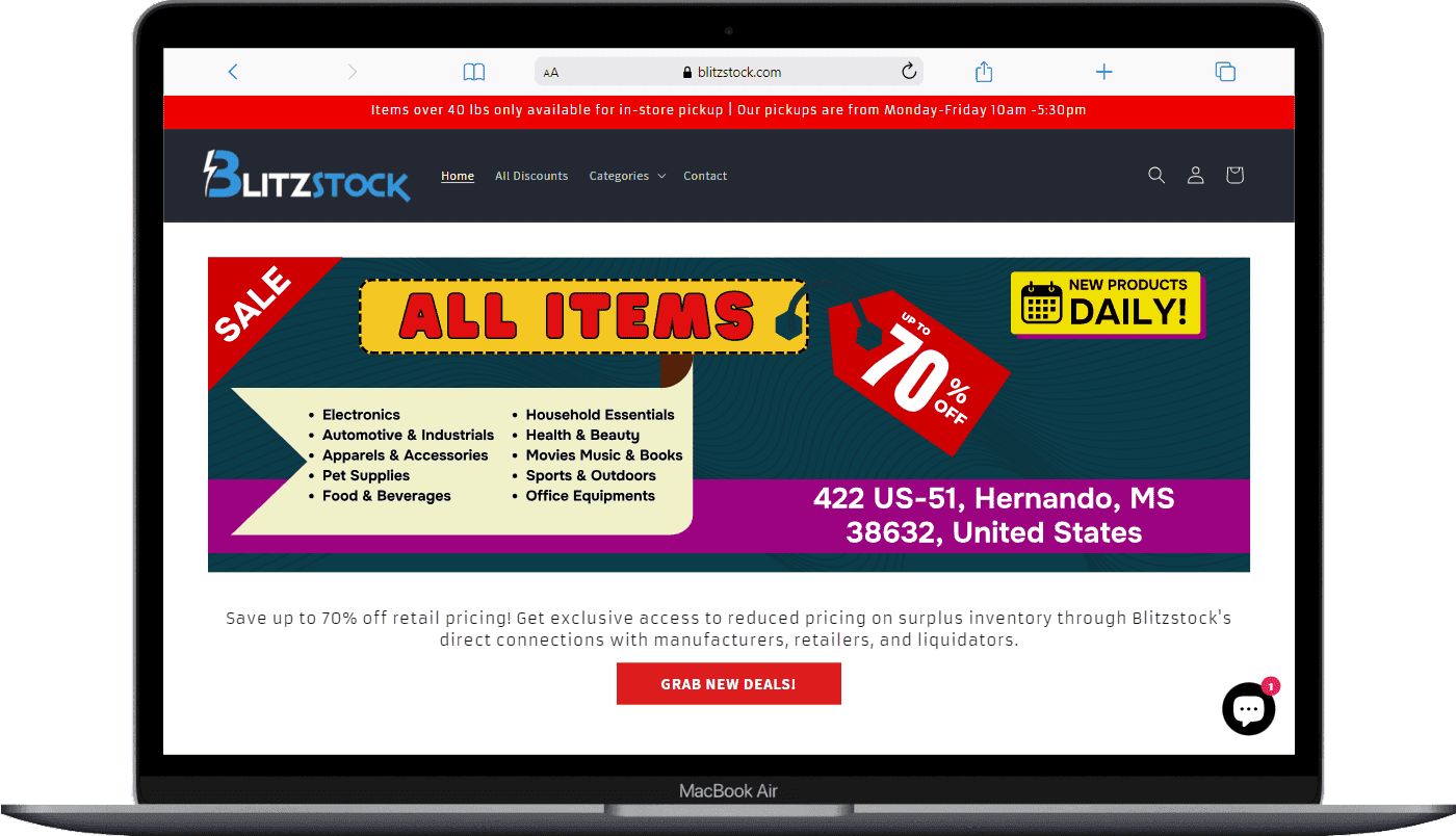 MacBook Air mockup showing the Blitztock online store