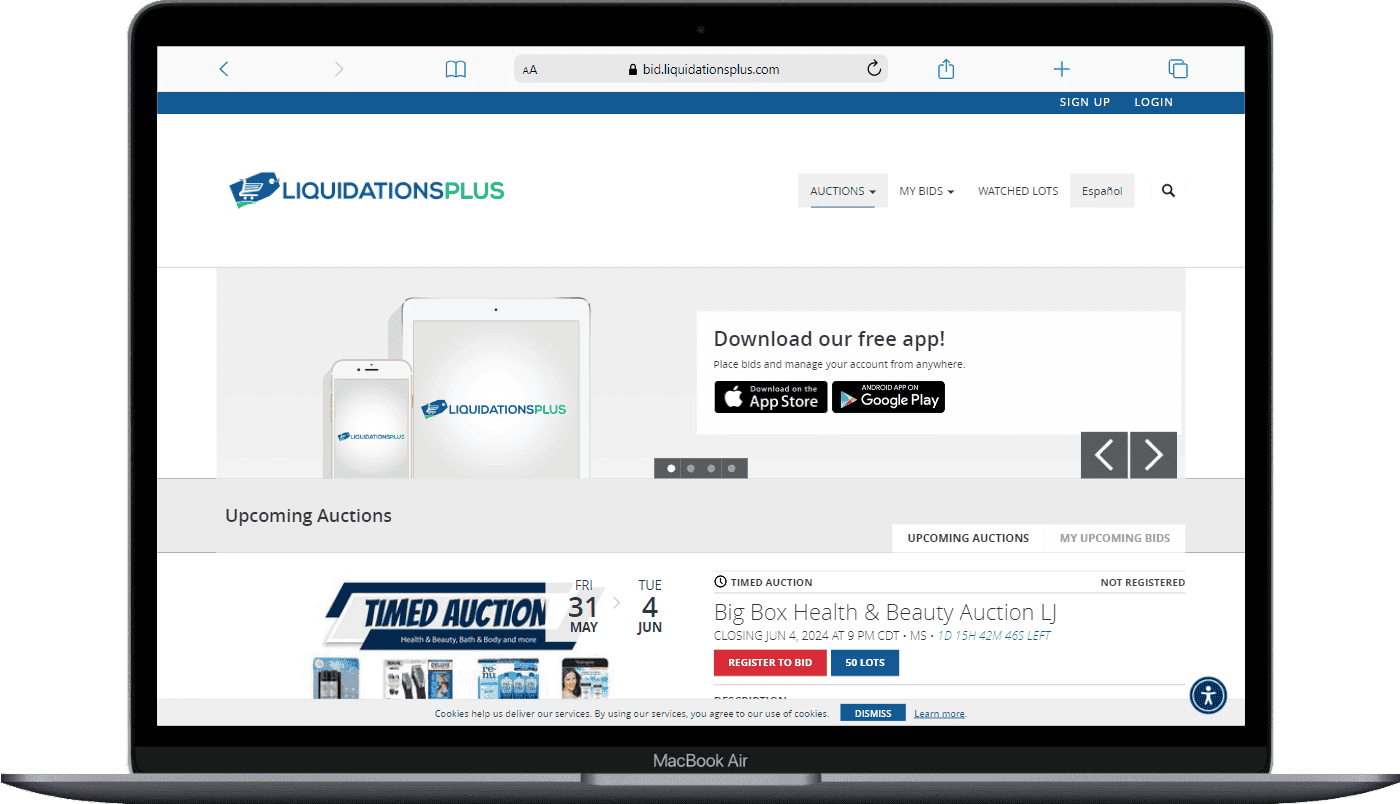 MacBook Air mockup showing the LiquidationsPlus online auction platform