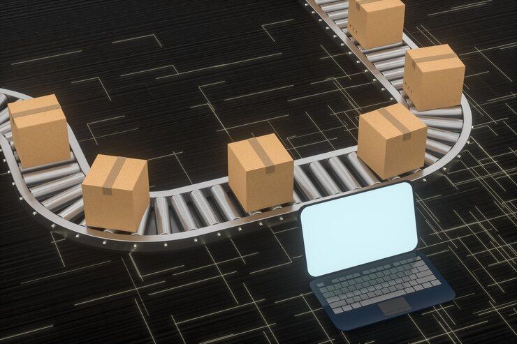 Boxes move along a conveyor belt, monitored by a laptop computer, illustrating automated logistics and supply chain management.