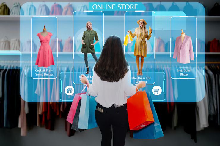 A woman shops with a digital interface in a store.