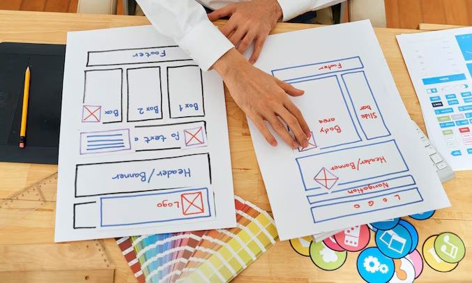 The image shows a person designing website layouts on paper, with hand-drawn wireframes and design elements.