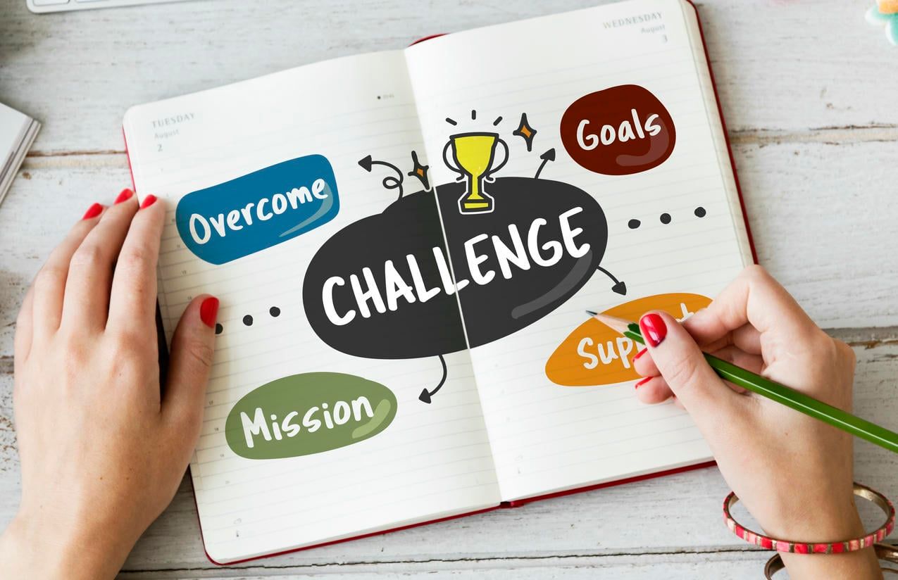 The image shows a person writing in a notebook with the word "CHALLENGE" surrounded by related terms like "Overcome," "Goals," "Support," and "Mission."