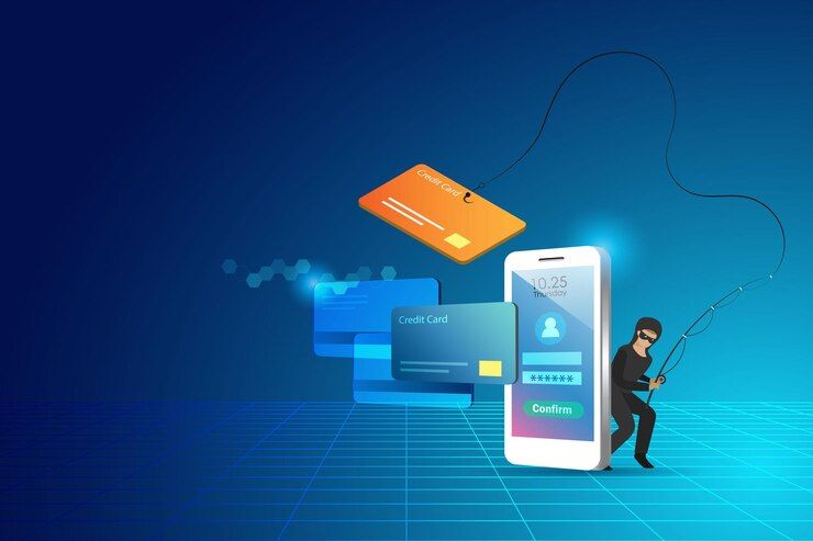 A phishing scam where a hacker is using a fishing rod to steal credit card information from a mobile phone.