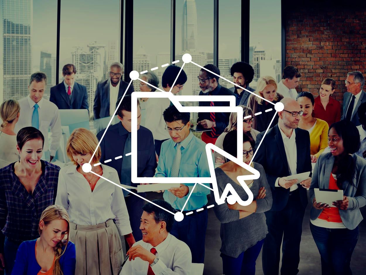 The image depicts a diverse group of professionals networking and collaborating, with a digital folder and cursor icon overlay, symbolizing file sharing and online collaboration.