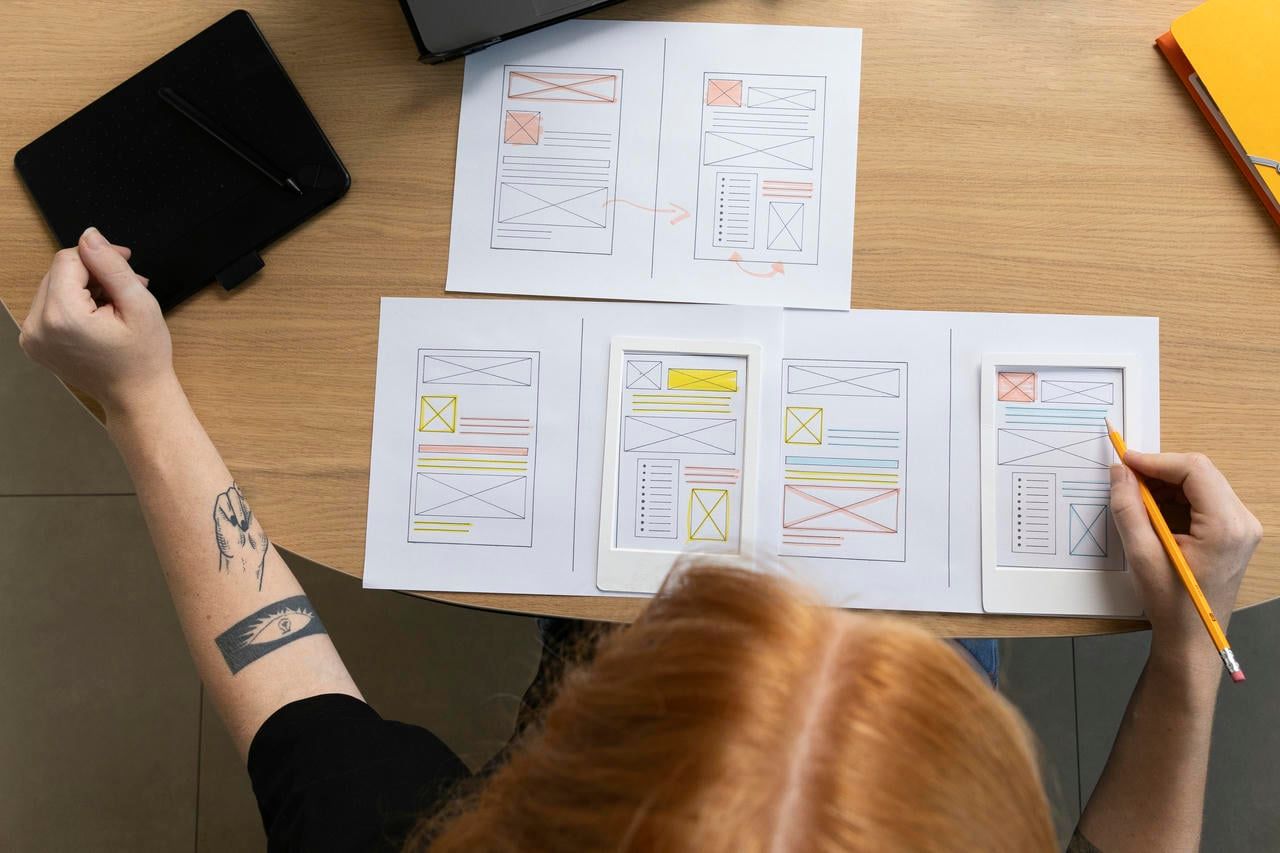 The image shows a web designer, identifiable by a distinctive tattoo on their arm, meticulously planning and sketching website layouts on paper at a workstation.