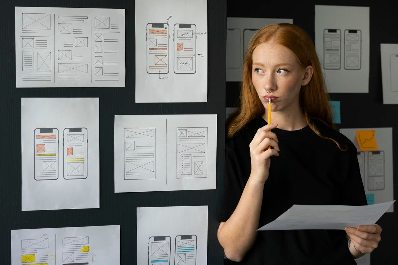 The image shows a thoughtful young female designer with red hair, reviewing and contemplating various mobile interface designs pinned to a dark wall in her workspace.