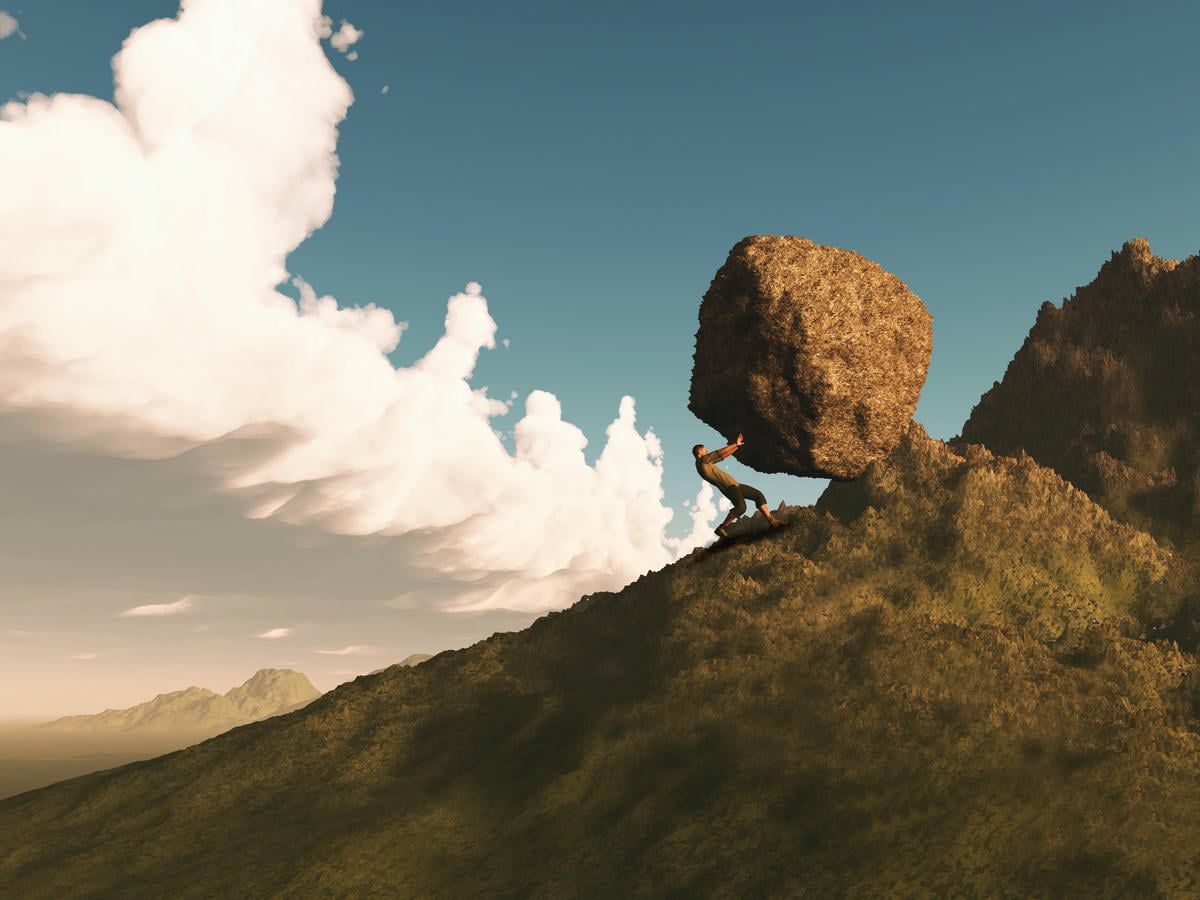 The image depicts a person struggling to push a massive boulder up a steep mountain slope, invoking the myth of Sisyphus, a symbol of eternal struggle and resilience.