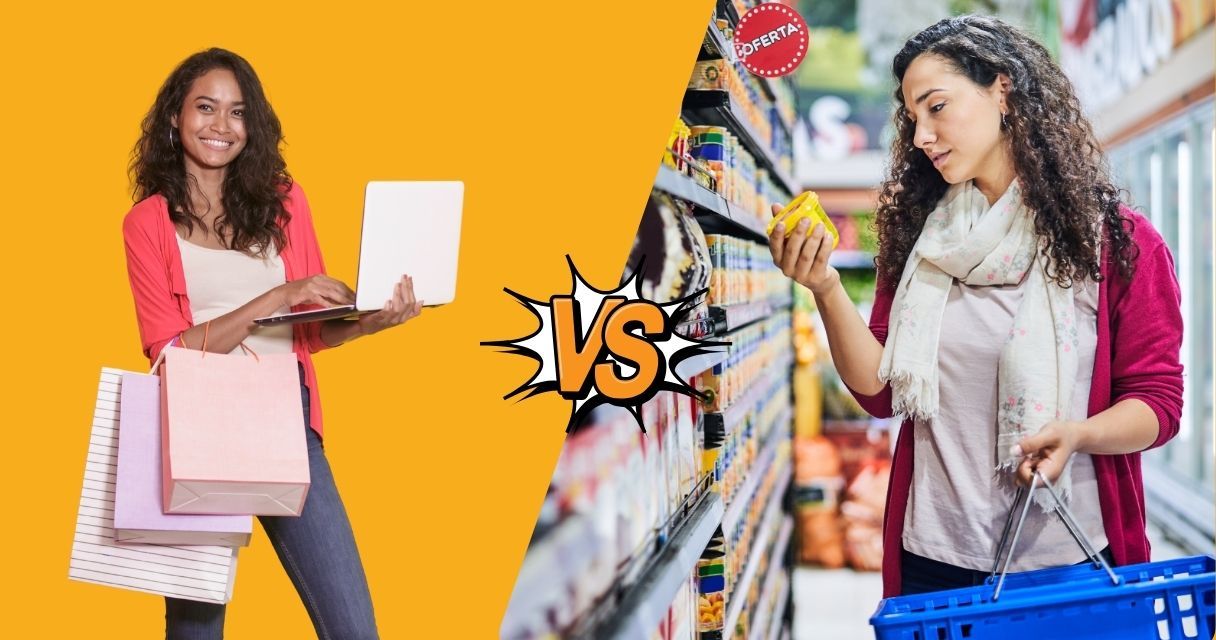 The image visually contrasts a woman enjoying the convenience of online shopping against another woman experiencing the tactile benefits of in-store shopping.