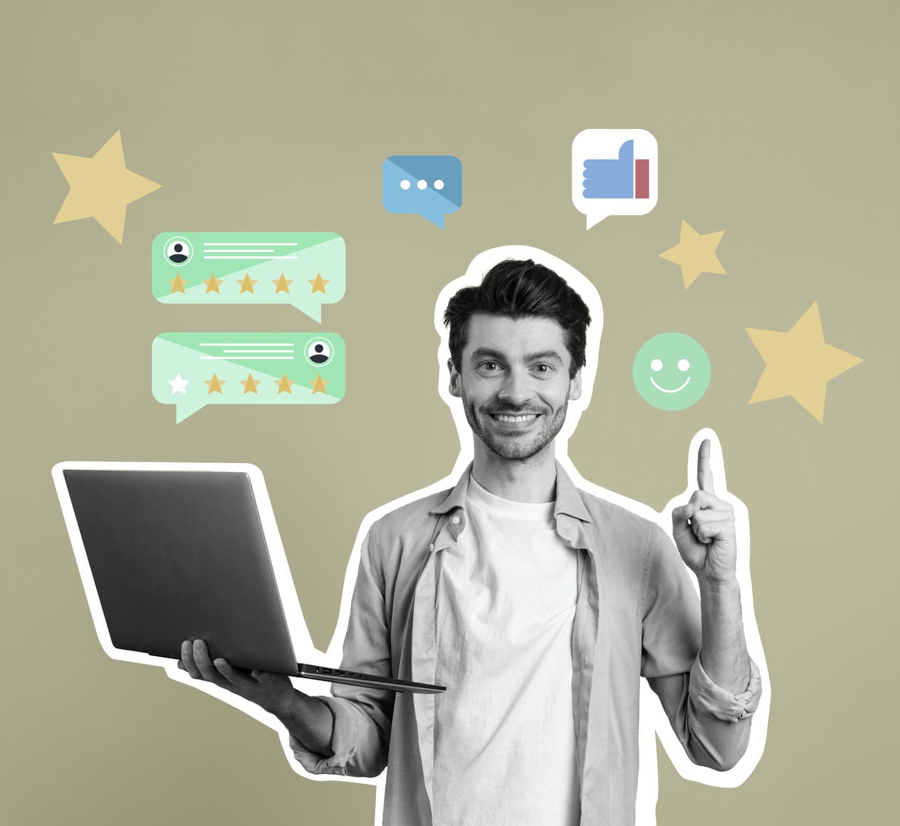 The image portrays a cheerful man holding a laptop, surrounded by icons representing positive customer feedback and digital interactions, symbolizing a successful online engagement or customer service experience.