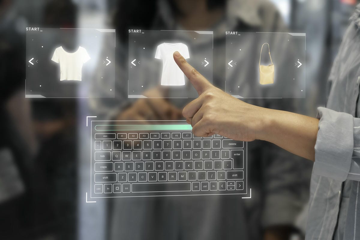 The image depicts a person interacting with a futuristic digital wardrobe interface, selecting items on a transparent touchscreen display, showcasing the blend of technology and fashion retail.