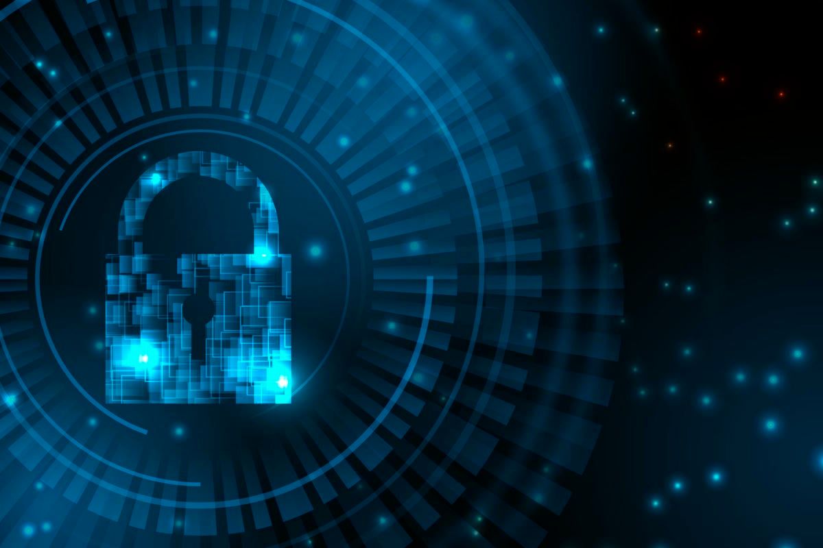 The image depicts a digital padlock surrounded by a futuristic, abstract design, symbolizing cybersecurity and the protection of data in a technological environment.