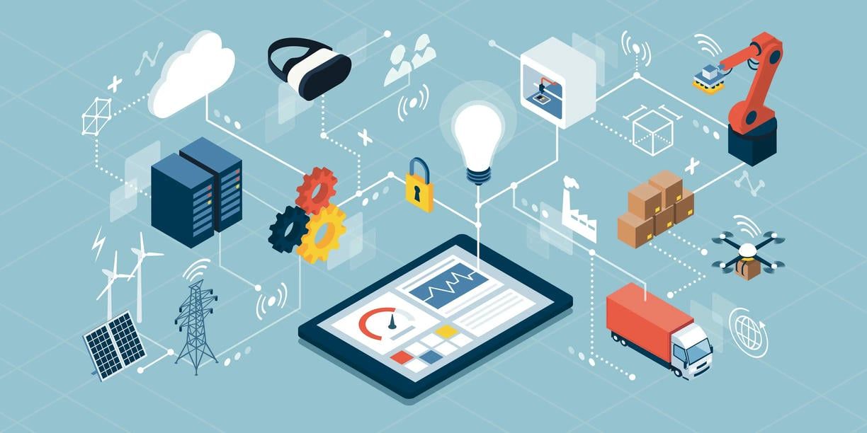 The image illustrates an interconnected network of various IoT technologies and devices, including servers, sensors, robotics, and transportation, highlighting their roles in enhancing and streamlining supply chain management.