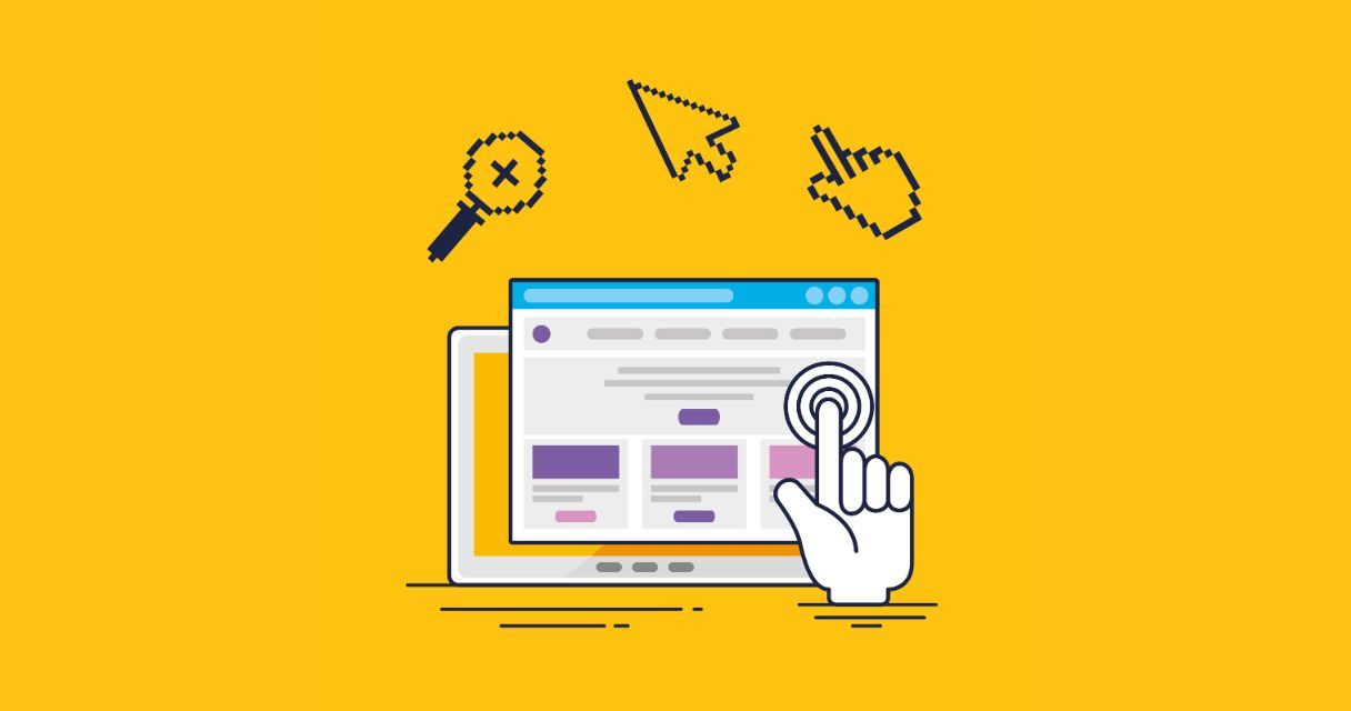 The image depicts a stylized, flat design illustration representing user interaction with a website, highlighted by icons such as a magnifying glass, cursor, and hand, emphasizing elements of website usability and SEO optimization.