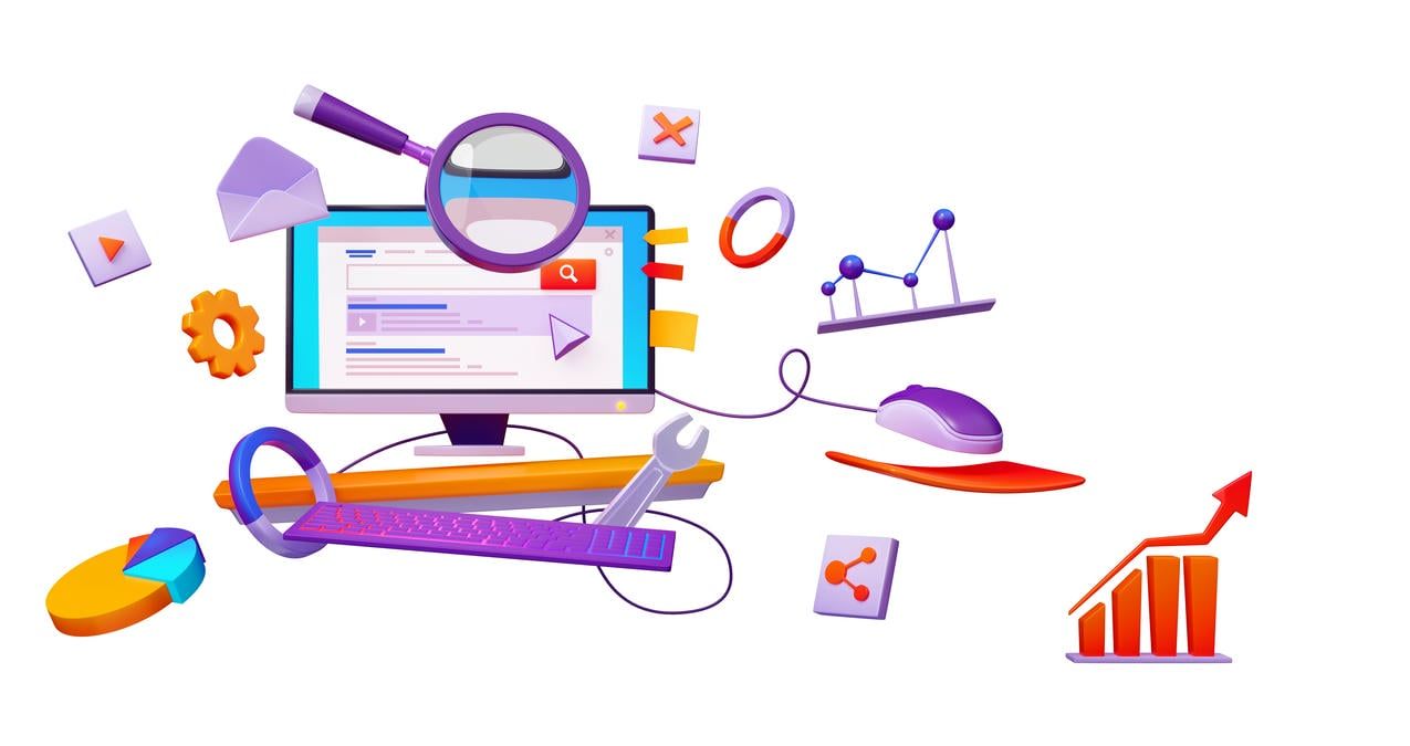 This image is a colorful, stylized illustration representing digital marketing and SEO tools, featuring icons like a magnifying glass, a computer, graphs, and various web optimization symbols, all floating around in a dynamic, interconnected layout.