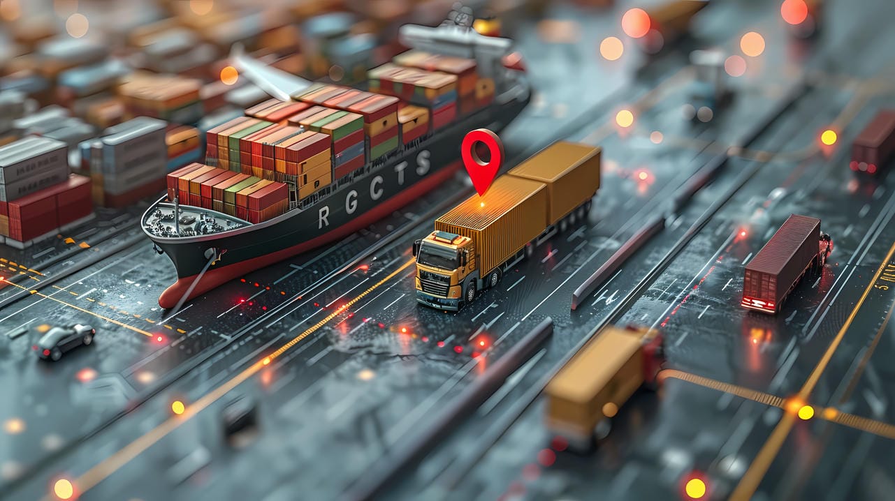 This image shows a futuristic logistics operation with trucks, a ship, and containers connected by digital enhancements.