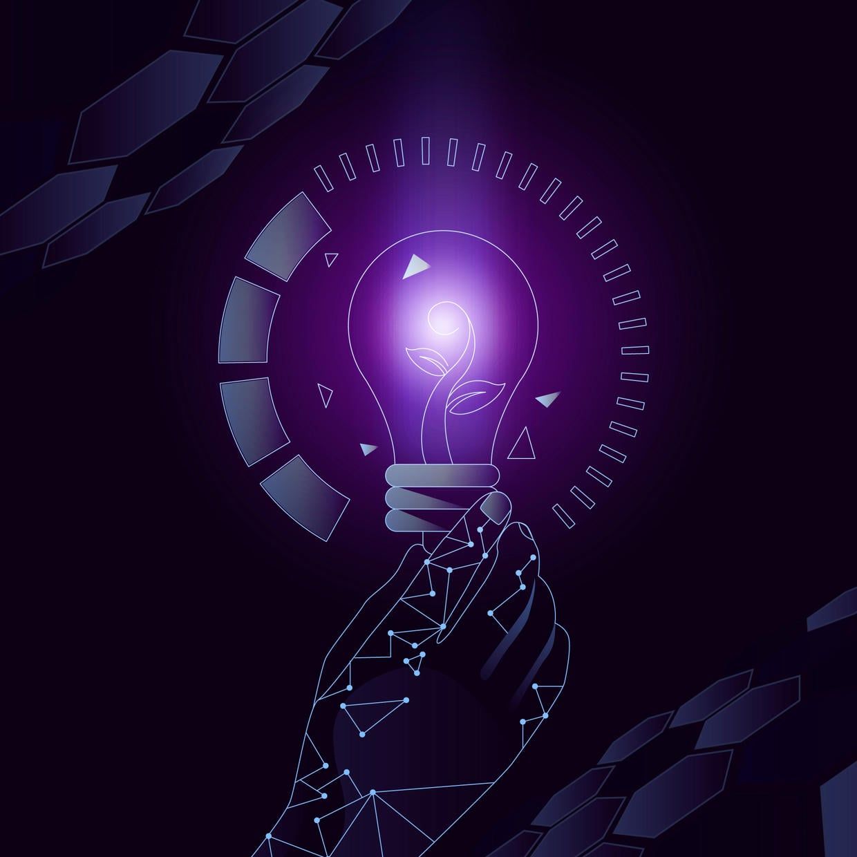 This image is a stylized, abstract illustration of a hand holding a light bulb, within which a plant is growing, symbolizing innovative and sustainable ideas.