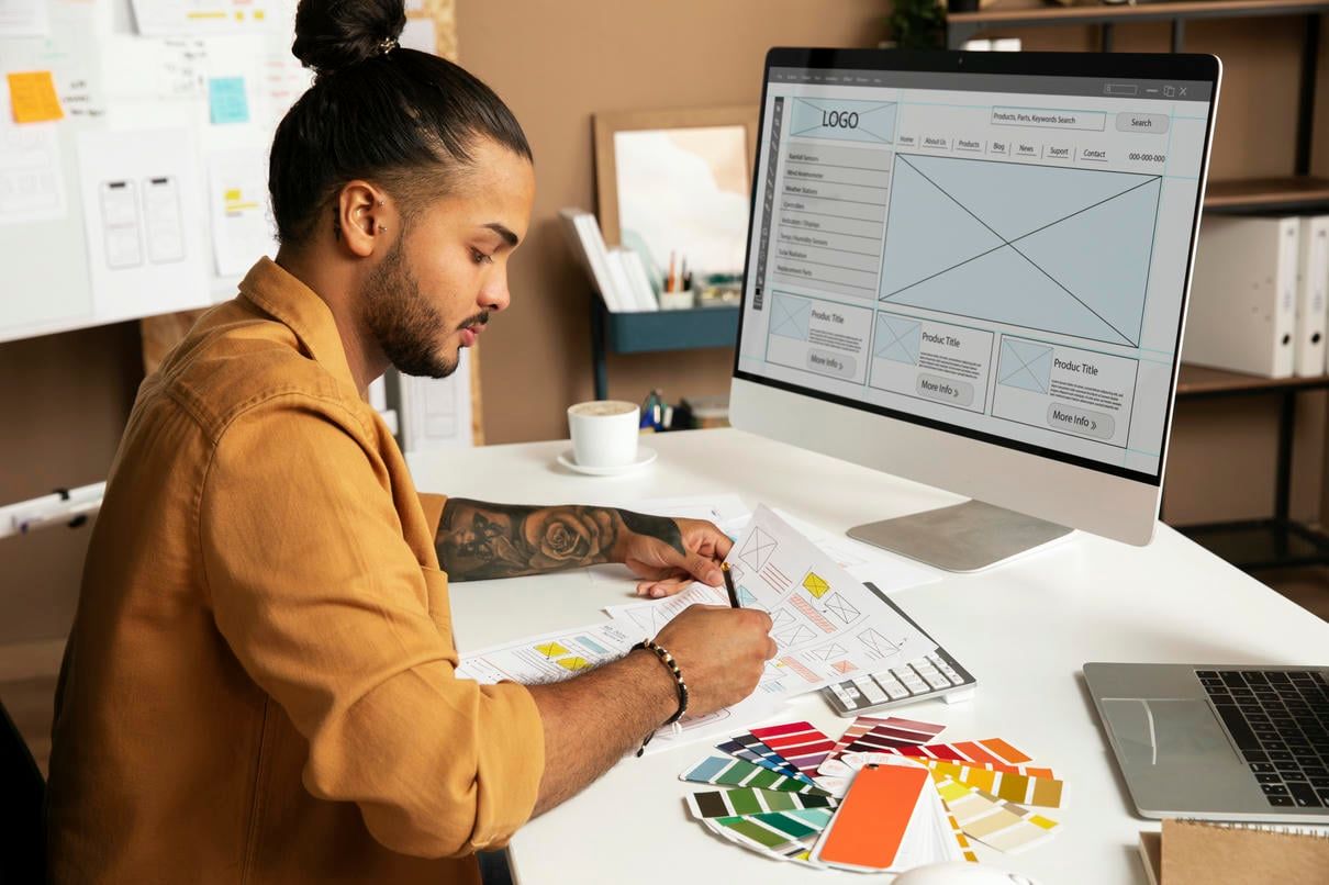The image shows a male designer, focused on refining website mockups and color palettes at his workstation, indicating a detailed and creative design process.